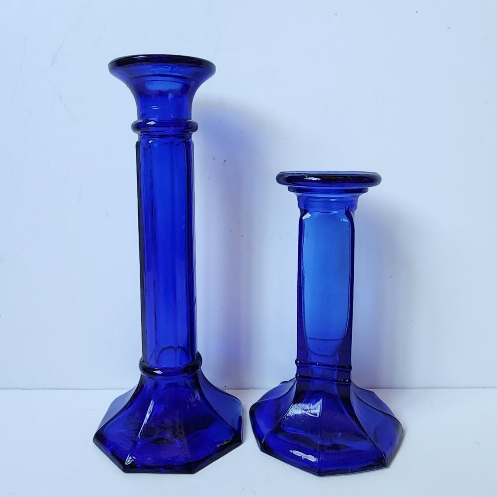 Vintage Candle Holder Glass Cobalt Blue Recycled Glass Candlestick Set Of 2